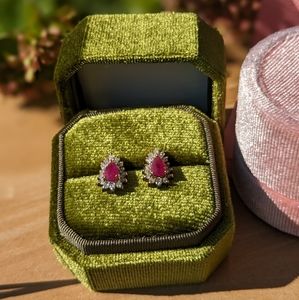 Vintage Art Deco Style Ruby Diamond Earrings 14K Yellow Gold